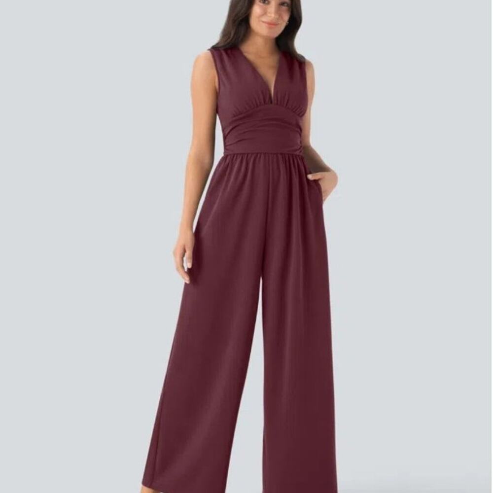Halara V Neck Sleeveless Ruched Pocket Jumpsuit-Easy Peezy sz XL NWoT